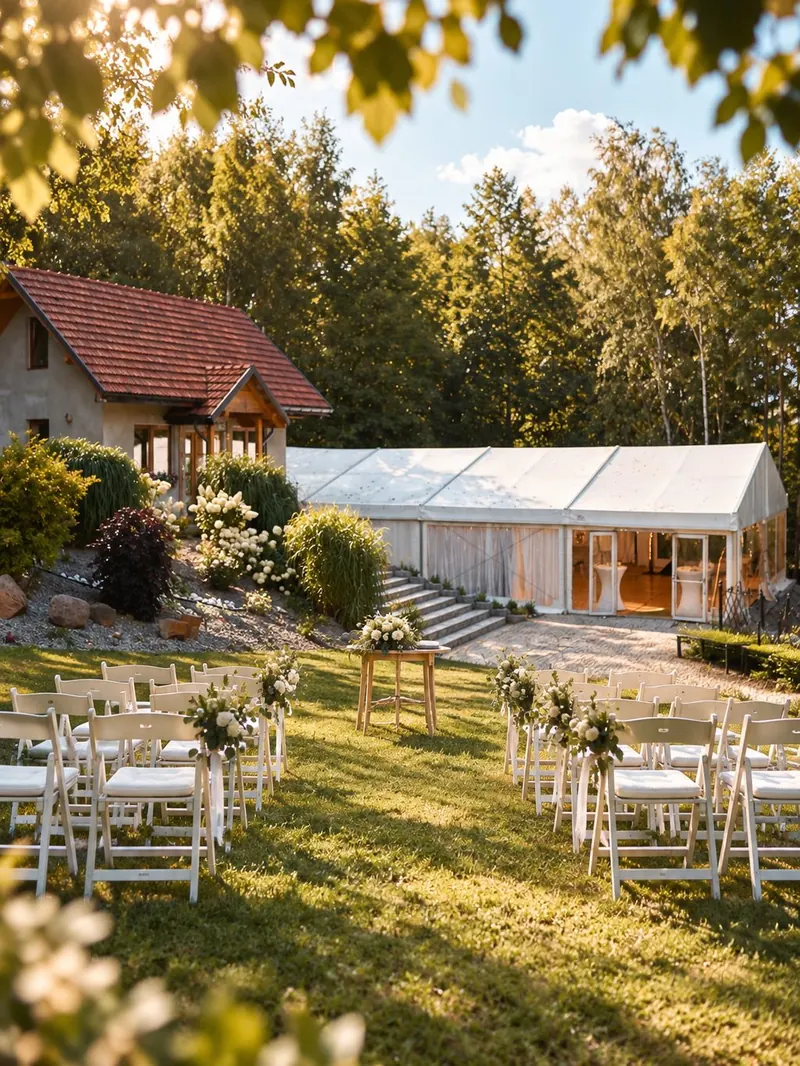 Ogród Anielsko przygotowany do ceremonii – białe krzesła na trawie, w tle dom i hala namiotowa